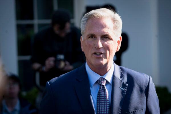 House Speaker Kevin McCarthy (R-Calif.) speaks to the press after meeting President Joe Biden and other leaders at the White House in Washington on May 9, 2023. (Madalina Vasiliu/The Epoch Times)