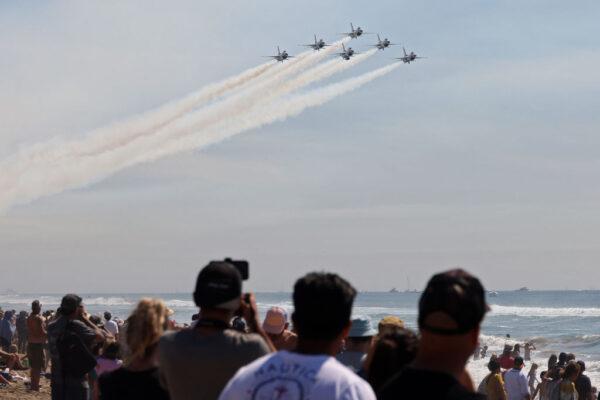 The United States Air Force Thunderbirds fly over the Huntington Beach Pier during the Pacific Airshow in Huntington Beach, Calif., on Oct. 1, 2021. (Michael Heiman/Getty Images)