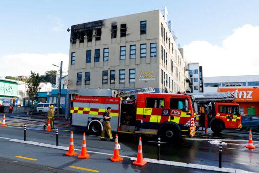 A general view of the scene after a fire at Loafers Lodge in Wellington, New Zealand on May 16, 2023. (Hagen Hopkins/Getty Images)