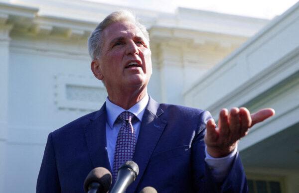House Speaker Kevin McCarthy (R-Calif.) speaks to reporters outside the West Wing following debt limit talks with Biden at the White House, on May 9, 2023. (Kevin Lamarque/Reuters)