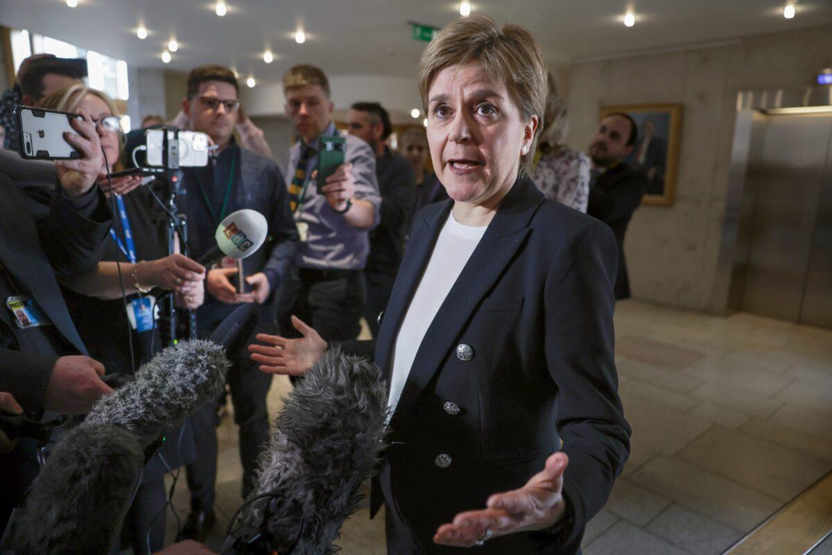 Nicola Sturgeon, former first minister of Scotland, talks with journalists as she attends Scottish Parliament in Edinburgh on April 25, 2023. (Jeff J Mitchell/Getty Images)
