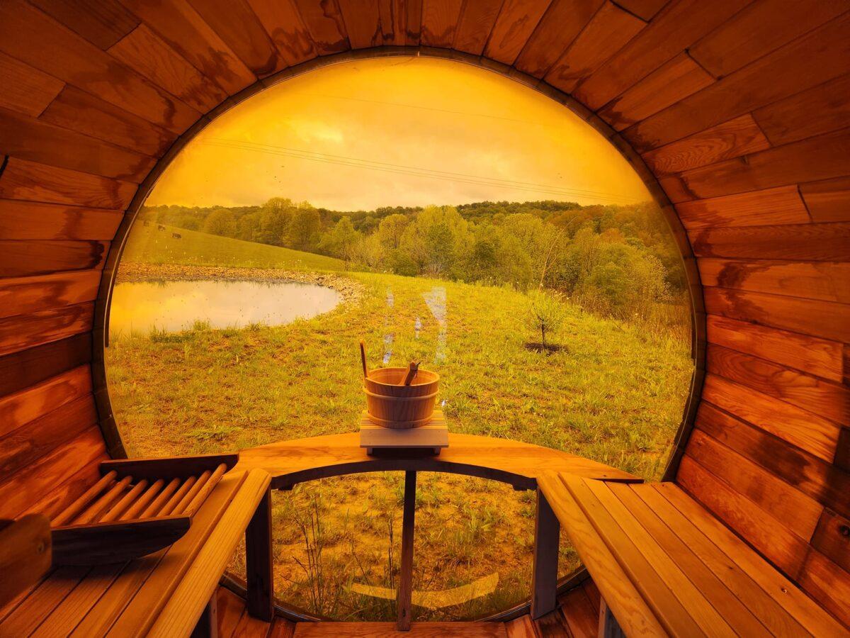 A cedar sauna overlooks the Hocking Hills region at Magical Earth Retreat. (Jeff Louderback/The Epoch Times)