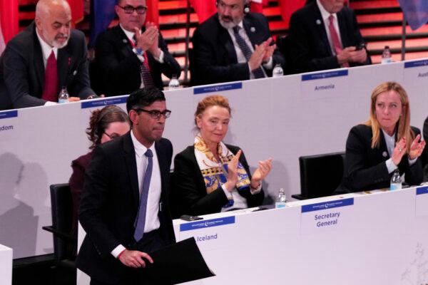 Britain's Prime Minister Rishi Sunak prepares to speak during the opening of the Council of Europe summit in Reykjavik, Iceland, on May 16, 2023. (Alastair Grant - WPA Pool/Getty Images)