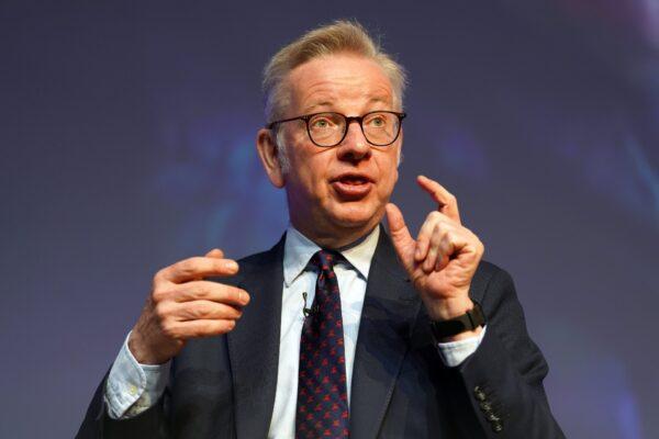 Michael Gove speaks on the second day of the Scottish Conservative Party conference at the Scottish Event Campus in Glasgow, Scotland, on April 29, 2023. (Andrew Milligan/PA Media)