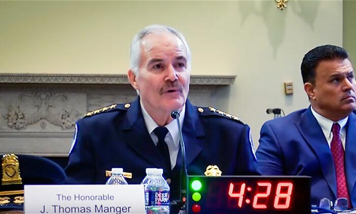 Capitol Police Chief J. Thomas Manger testifies before the Committee on House Administration, on May 16, 2023. (House of Representatives/Screenshot via The Epoch Times)