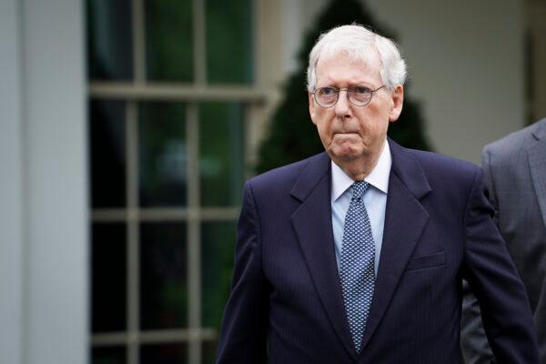 Senate Minority Leader Mitch McConnell (R-Ky.) speaks to the press after meeting President Joe Biden and other leaders at the White House in Washington on May 16, 2023. (Madalina Vasiliu/The Epoch Times)