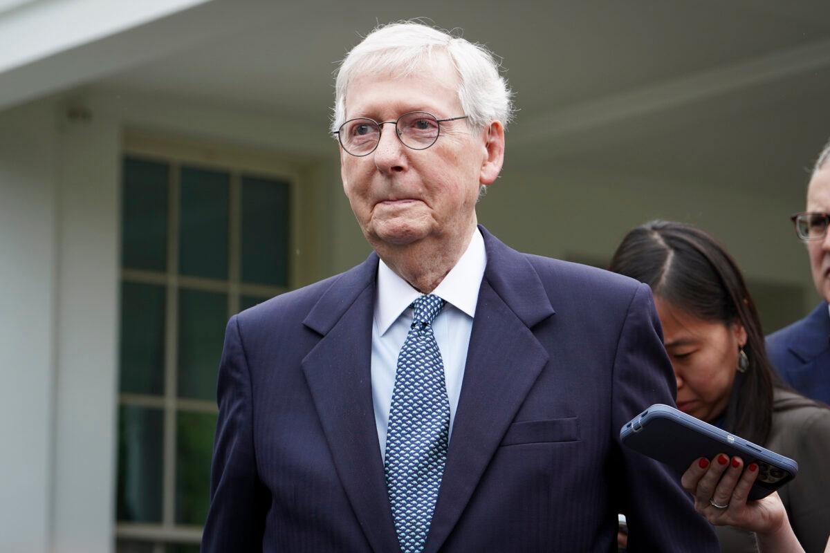 Senate Minority Leader Mitch McConnell (R-Ky.) speaks to the press after meeting President Joe Biden and other leaders at the White House in Washington on May 16, 2023. (Madalina Vasiliu/The Epoch Times)