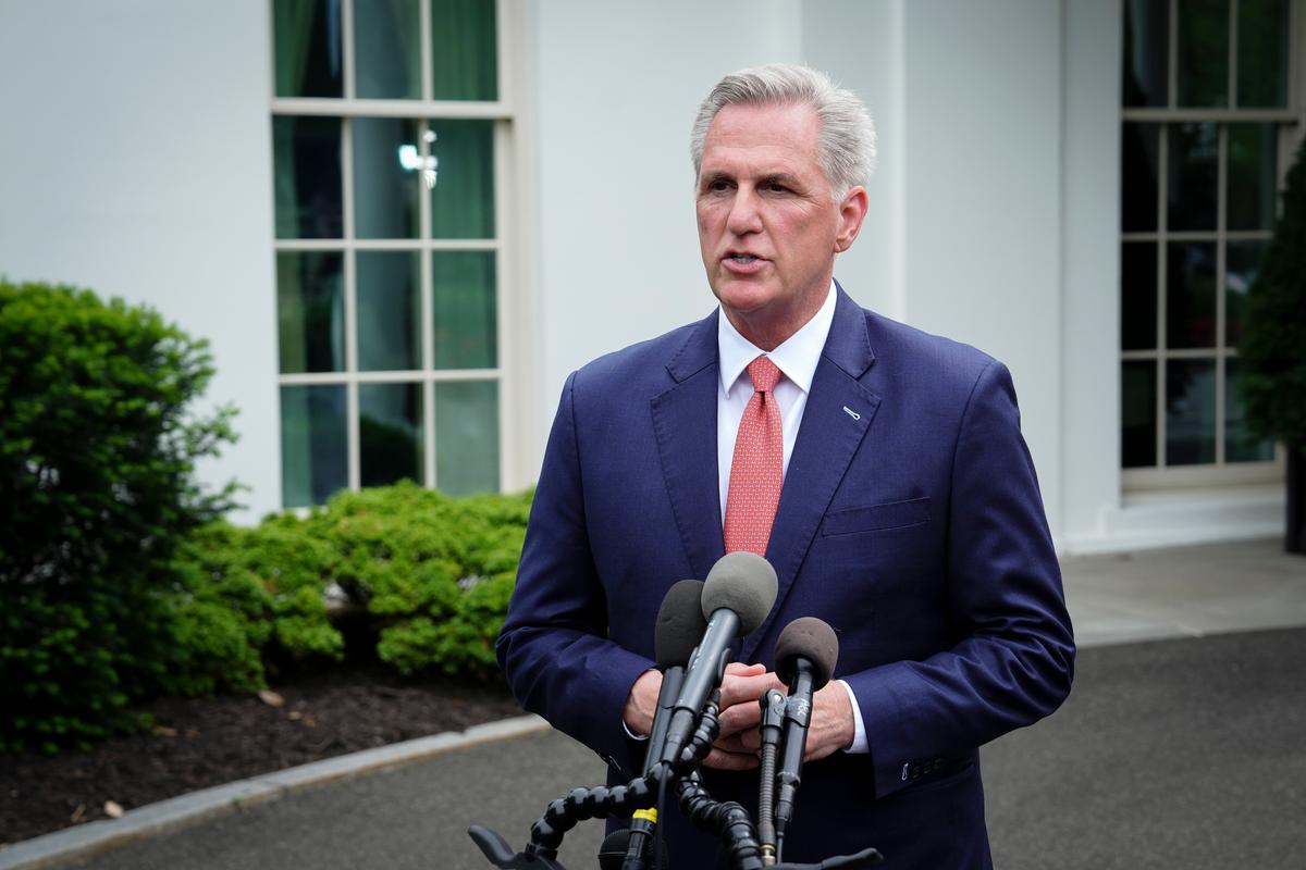 House Speaker Kevin McCarthy (R-Calif.) speaks to the press after meeting President Joe Biden and other leaders at the White House on May 16, 2023. (Madalina Vasiliu/The Epoch Times)