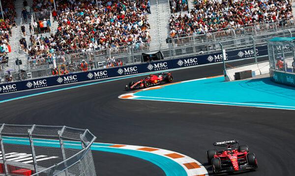 Scuderia Ferrari drivers Charles LeClerc (R) and Carlos Sainz (L) race around the Miami International Autodrome in Florida on May 7, 2023. (Courtesy of FIA)