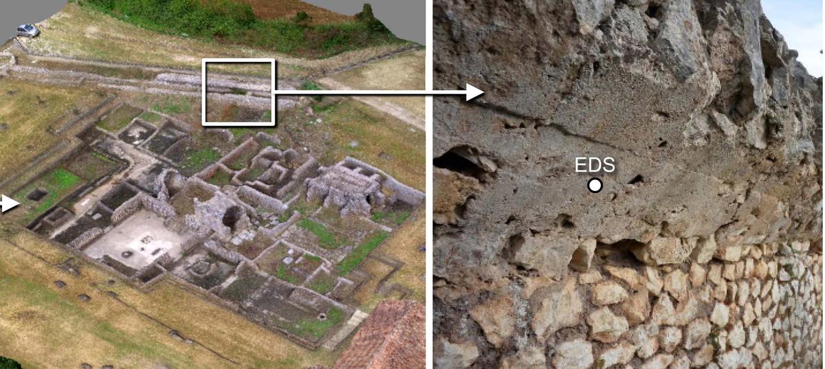 (Left) The test samples came from an archaeological site of Privernum, near Rome, Italy; (Right) The architectural mortar samples were collected from the bordering concrete city wall. (Courtesy of <a href="https://www.science.org/doi/10.1126/sciadv.add1602">Roberto Scalesse and Gianfranco Quaranta via Admir Masic</a>)