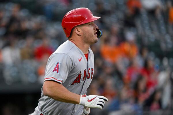 Los Angeles Angels' Mike Trout runs the bases after hitting a solo home run against Baltimore Orioles starting pitcher Kyle Bradish during the fourth inning of a baseball game in Baltimore on May 17, 2023. (Terrance Williams/AP Photo)