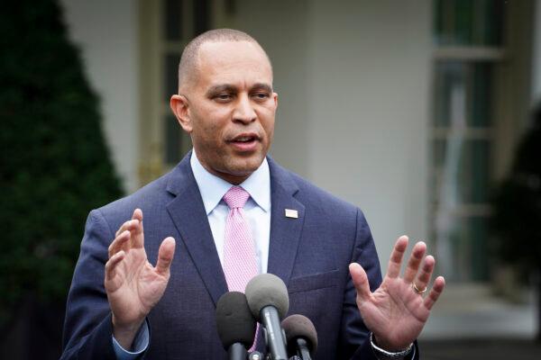 House Minority Leader Hakeem Jeffries (D-N.Y.) speaks to the press after meeting with President Joe Biden and other leaders at the White House in Washington on May 16, 2023. (Madalina Vasiliu/The Epoch Times)