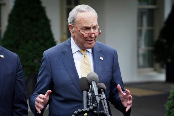 Senate Majority Leader Charles E. Schumer (D-N.Y.) speaks to the press after meeting President Joe Biden and other leaders at the White House in Washington on May 16, 2023. (Madalina Vasiliu/The Epoch Times)