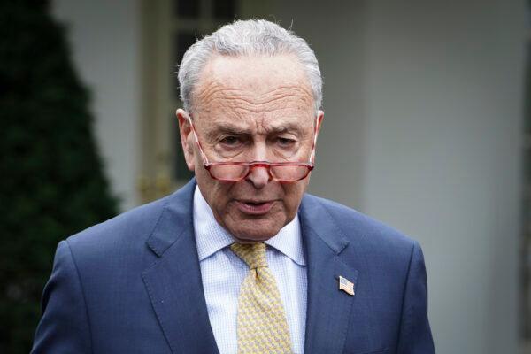 Senate Majority Leader Charles E. Schumer speaks to the press after meeting President Joe Biden and other leaders at the White House, on May 16, 2023. (Madalina Vasiliu/The Epoch Times)