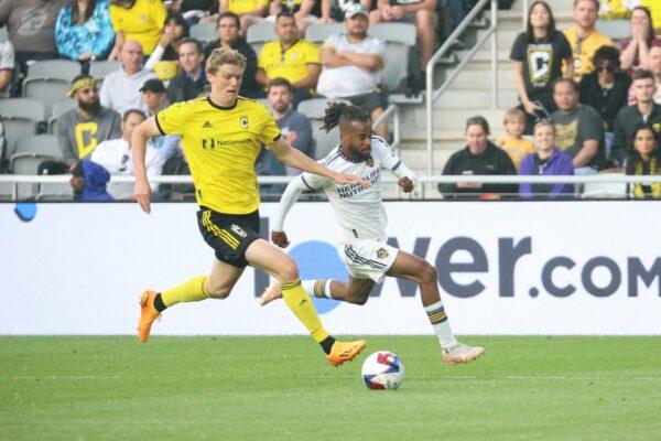 Columbus Crew defender Philip Quinton (2) fight for the ball against Los Angeles Galaxy forward Raheem Edwards (44) during the first half at Lower.com Field in Columbus, Ohio, on May 17, 2023. (Trevor Ruszkowski/USA TODAY Sports via Field Level Media)