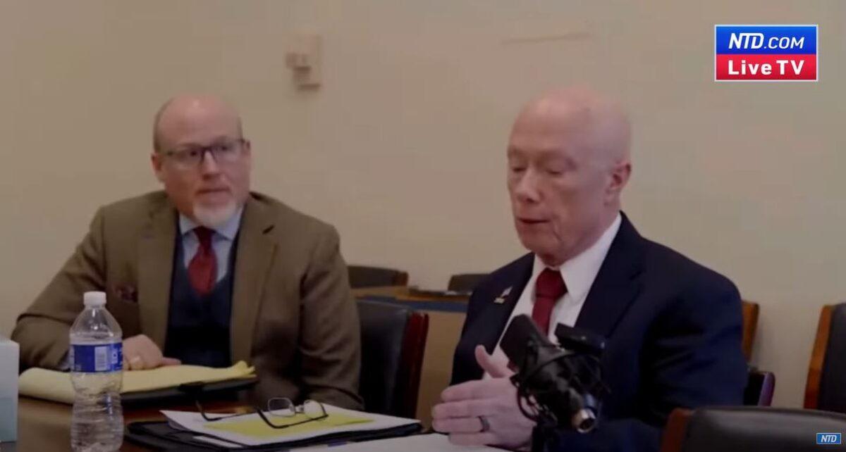 In an image from an undated video, FBI whistleblower George Hill, right, testifies to Congress. (NTD via The Epoch Times)