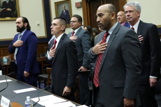 From left to right: Suspended FBI special agent Garret O’Boyle, former FBI agent Steve Friend, and suspended FBI agent Marcus Allen during a hearing in Washington on May 18, 2023.  The whistleblowers testified about alleged FBI weaponization. (Alex Wong/Getty Images)