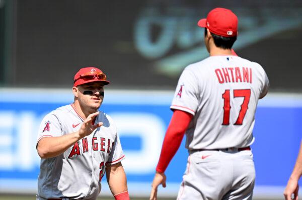 Mike Trout (27) of the Los Angeles Angels celebrates with Shohei Ohtani (17) after a victory against the Baltimore Orioles at Oriole Park at Camden Yards in Baltimore on May 18, 2023. (Greg Fiume/Getty Images)