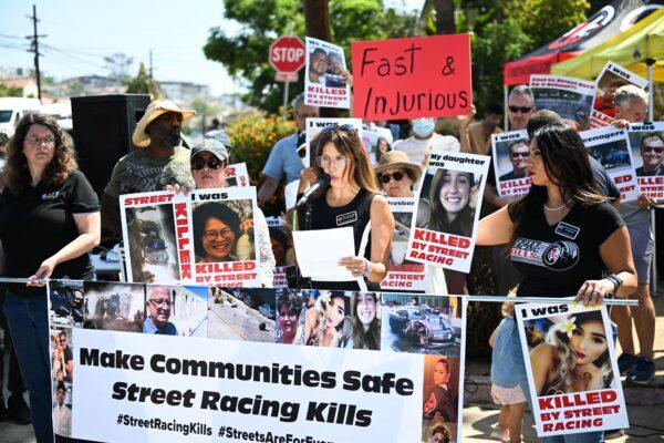 Lili Trujillo Puckett, founder of Street Racing Kills, speaks alongside local residents and supporters of the group during a protest on the increase in street racing takeovers in Los Angeles, on Aug. 26, 2022. (Patrick T. Fallon/AFP via Getty Images)
