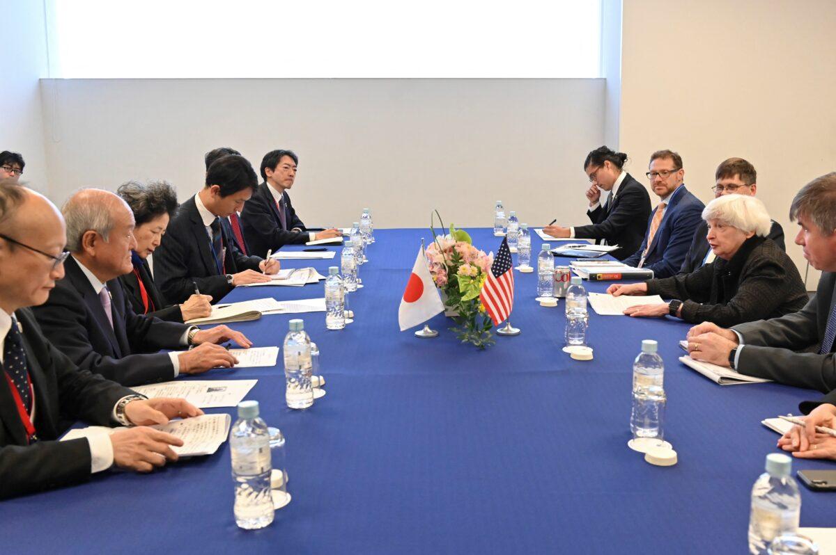 U.S. Treasury Secretary Janet Yellen (2nd R) and Japan's Finance Minister Shunichi Suzuki (2nd L) hold their meeting during the G-7 Finance Ministers and Central Bank Governors' Meeting at Toki Messe in Niigata, Japan, on May 13, 2023. (Kazuhiro Nogi/AFP via Getty Images)