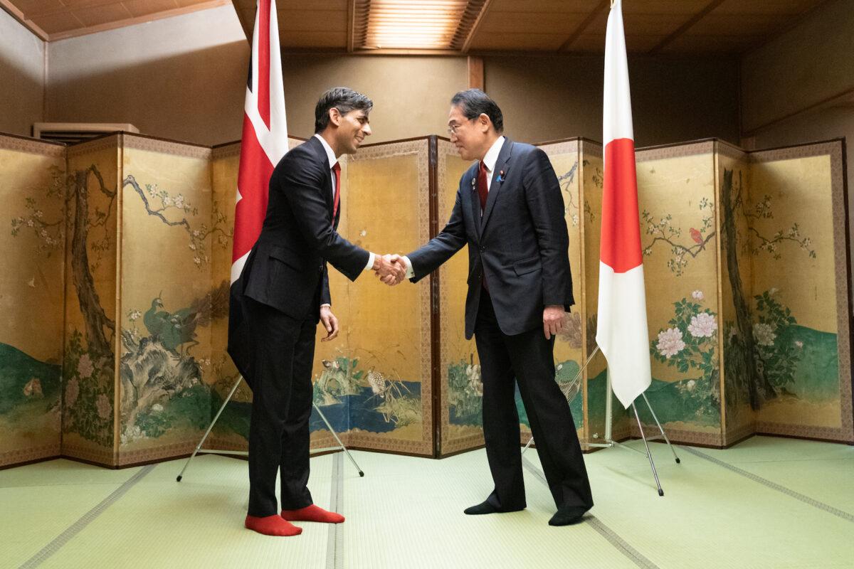 U.K. Prime Minister Rishi Sunak meets Japanese Prime Minister Fumio Kishida during their bilateral meeting in Hiroshima ahead of the G-7 Summit in Hiroshima, Japan, on May 18, 2023. (Stefan Rousseau/WPA Pool/Getty Images)