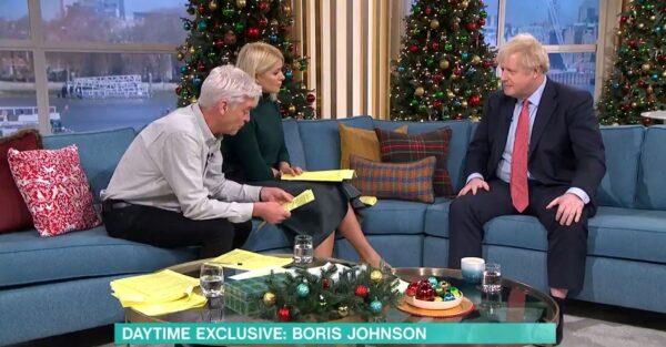 A screen grab of the then Prime Minister Boris Johnson (R) being interviewed by Phillip Schofield and Holly Willoughby on This Morning in a studio in London on Dec. 5, 2019. (ITV/PA)