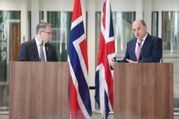 Defence Secretary Ben Wallace (R) during a press conference with Norwegian Defence Minister Bjorn Arild Gram, at Permanent Joint HQ in Northwood, on May 18, 2023. (James Manning/PA Media)