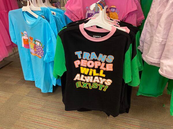 A shirt sold in kids' sizes as part of Target's Pride line, on May 18, 2023. (Alice Giordano/The Epoch Times)