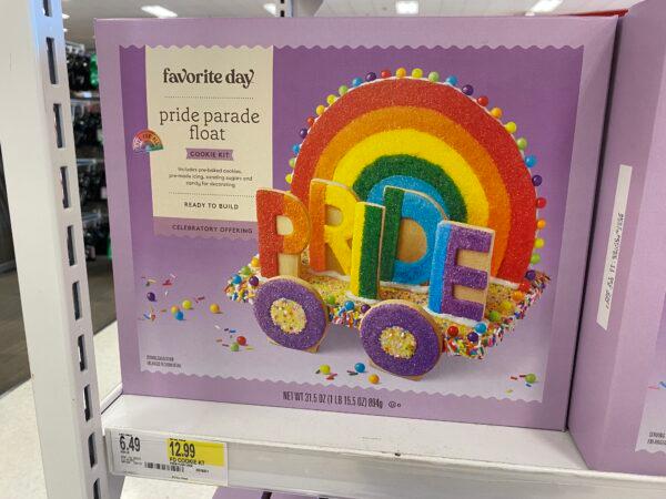 Target's new Pride line includes a Pride Parade Float gingerbread kit along with LGBT gingerbread house kits, on May 18, 2023. (Alice Giordano/The Epoch Times)
