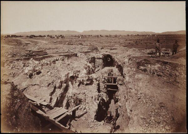 The "Old South Shaft Ore Quarry, Face of Tough-nut Mine, part of Town of Tombstone, Arizona. Dragoon Mountains, with Cochise Stronghold in background," mammoth plate, by the American photographer Carleton E. Watkins, 1880. (Public Domain)