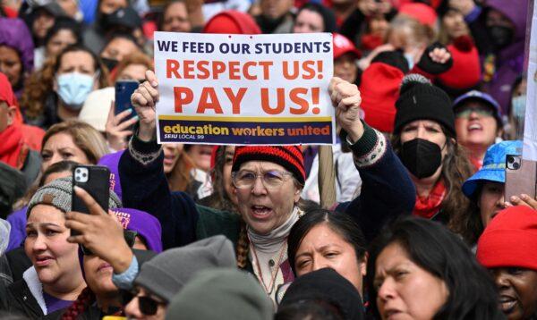 Los Angeles public school support staff, teachers, and supporters rally outside of the school district headquarters during a strike in Los Angeles on March 21, 2023. (Robyn Beck/AFP via Getty Images)