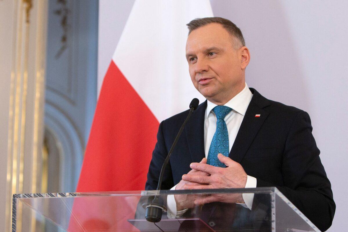Polish President Andrzej Duda attends a joint press conference with the Austrian President during an official visit in Vienna, on April 14, 2023. (Alex Halada/AFP via Getty Images)