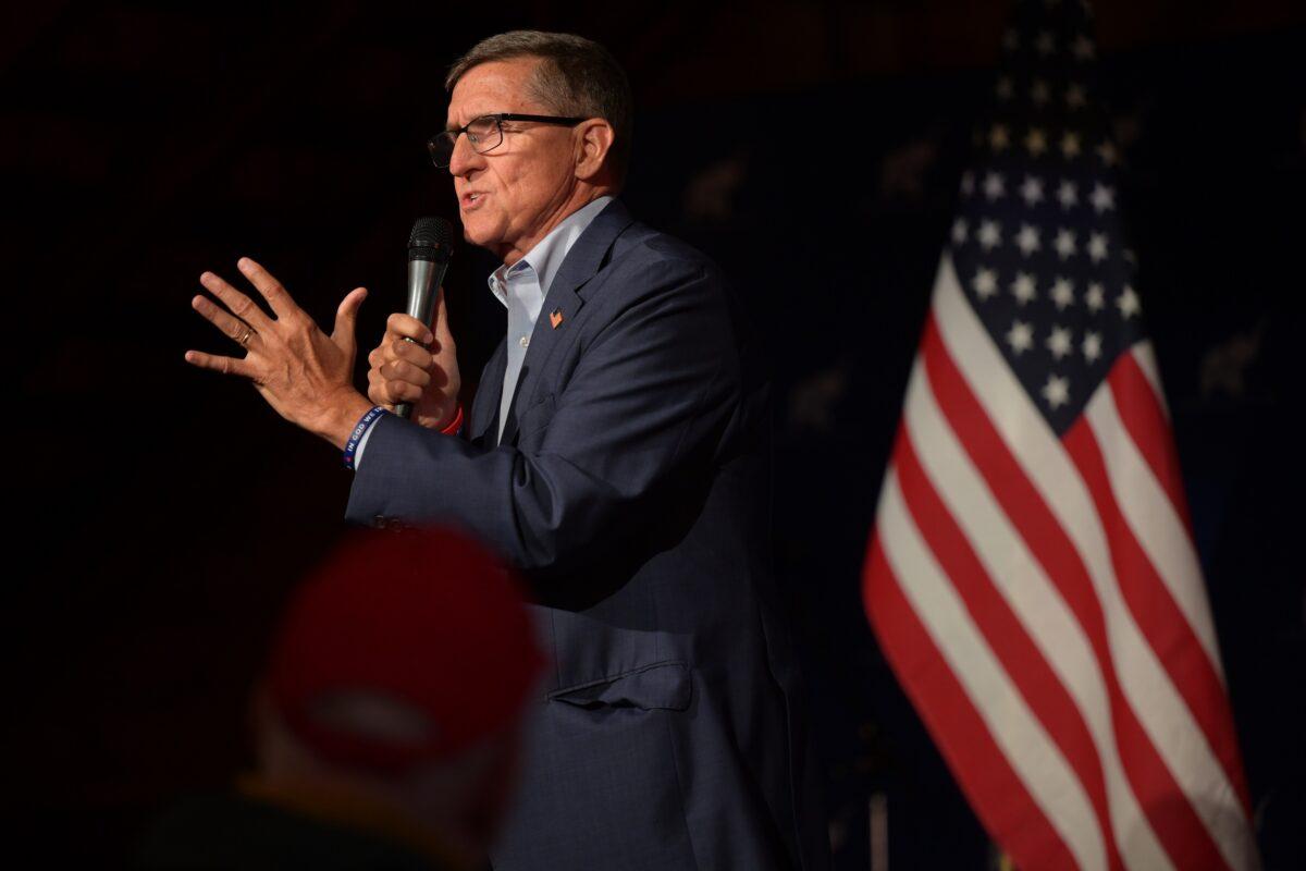 Michael Flynn, former national security advisor to President Trump, speaks at a campaign event for U.S. Senate candidate Josh Mandel at Mapleside Farms in Brunswick, Ohio, on April 21, 2022. (Dustin Franz/Getty Images)