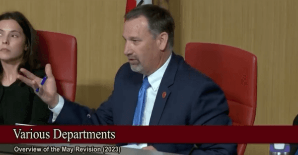 California state Sen. Brian Dahle, a Republican, questions a representative from the state’s finance department on a proposed electricity consumption tax increase in Sacramento, Calif., on May 17, 2023. (Screenshot via Twitter/Senator Brian Dahle)