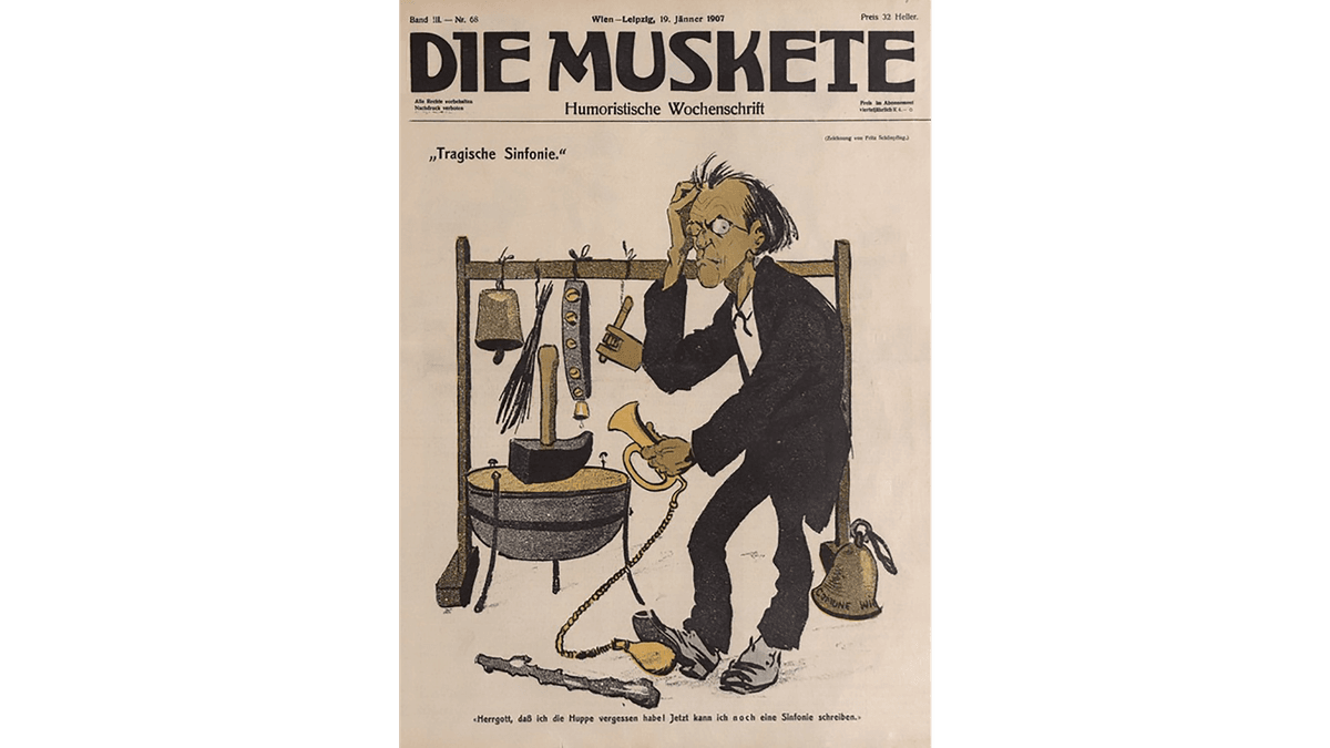 Caricature of Gustav Mahler's first performance of his 6th Symphony from "The Muskete," on Jan. 19, 1907. The caption reads: "God, I forgot the horn! Now I can still write a symphony." (Public Domain)