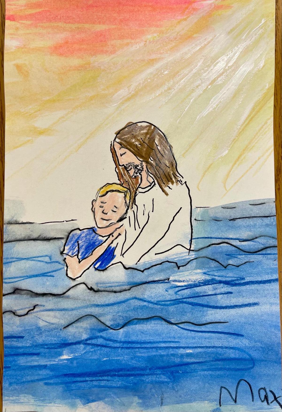 Max drew this picture showing himself in Jesus's arms in the pool in collaboration with artist Anna Dieter Rachal at an art camp in 2021. (Courtesy of Courtney McKee)