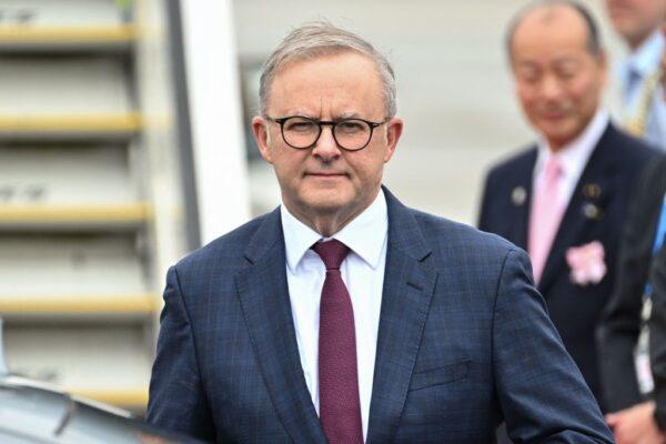 Australia's Prime Minister Anthony Albanese arrives at Hiroshima airport in Mihara, Hiroshima prefecture, to attend the first day of the G7 Leaders' Summit in Japan on May 19, 2023. (Philip Fong/AFP via Getty Images)