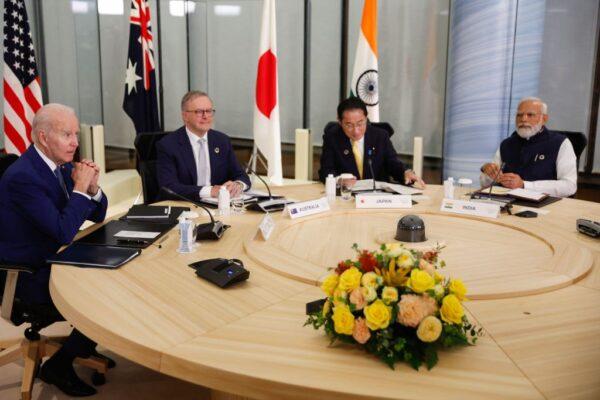 (L-R) U.S. President Joe Biden, Australia's Prime Minister Anthony Albanese, Japan's Prime Minister Fumio Kishida, and India's Prime Minister Narendra Modi hold a Quad meeting on the sidelines of the G-7 Leaders' Summit in Hiroshima, Japan, on May 20, 2023. (Jonathan Ernst/POOL/AFP via Getty Images)