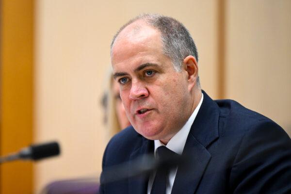 Australian Broadcasting Corporation (ABC) Managing Director David Anderson speaks during Senate Estimates at Parliament House in Canberra, Australia, on Feb. 14, 2023. (AAP Image/Lukas Coch)