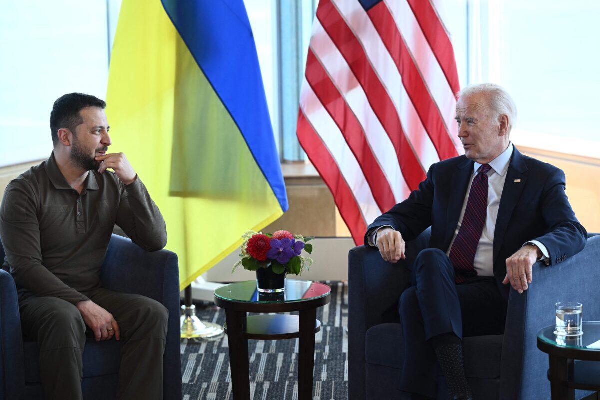 Ukraine's President Volodymyr Zelensky (L) and U.S. President Joe Biden take part in a bilateral meeting during the G-7 Leaders' Summit in Hiroshima, Japan, on May 21, 2023. (Brendan Smialowski/AFP via Getty Images)