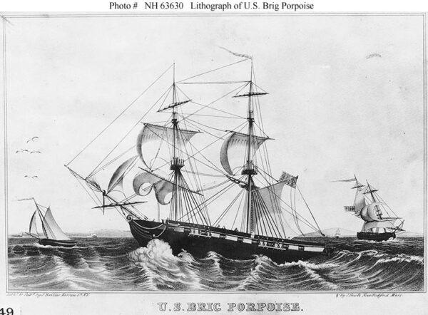 Lithograph of the USS Porpoise, 1836, just before embarking on the United States Exploring Expedition, by J. Baillie, New York, and J. Sowle, New Bedford, Massachusetts. (Public Domain)