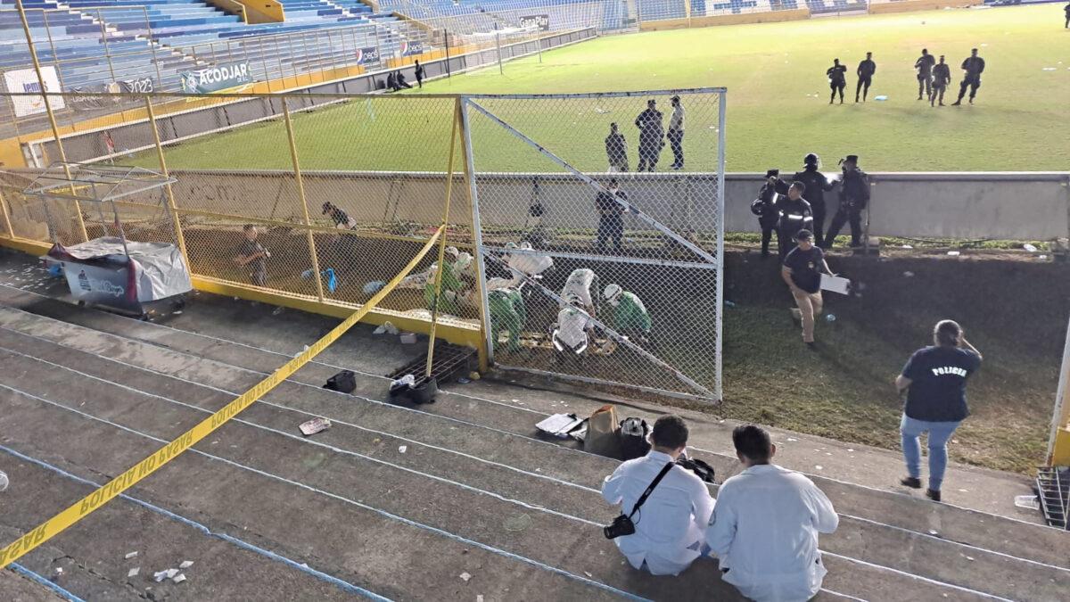 The aftermath of a stampede at the Cuscatlan stadium in San Salvador, El Salvador, on May 20, 2023. (Cruz Verde Salvadorena via Reuters)