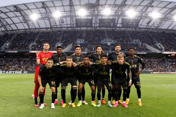 Los Angeles FC line up for team photo before their match against the San Jose Earthquakes at BMO Stadium in Los Angeles on May 20, 2023. (Courtesy of LAFC)