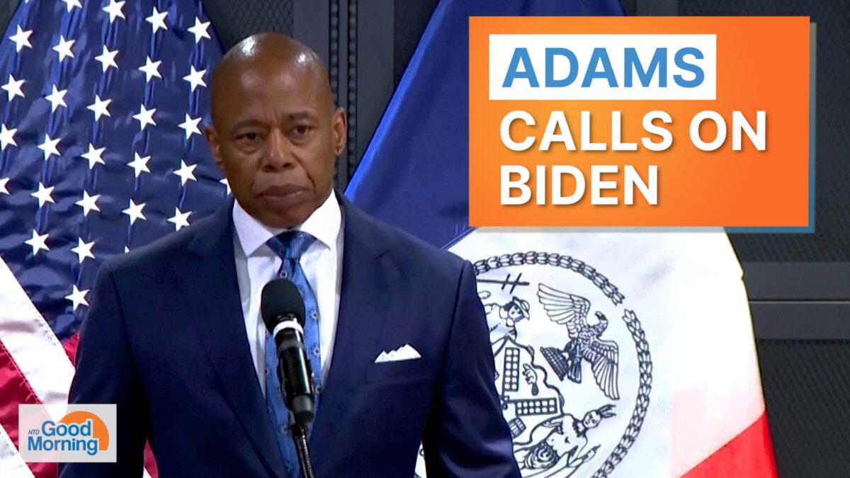 NYC Mayor Eric Adams calls on President Joe Biden to help with the illegal immigration crisis overwhelming his city. (Reuters/Screenshot via NTD)