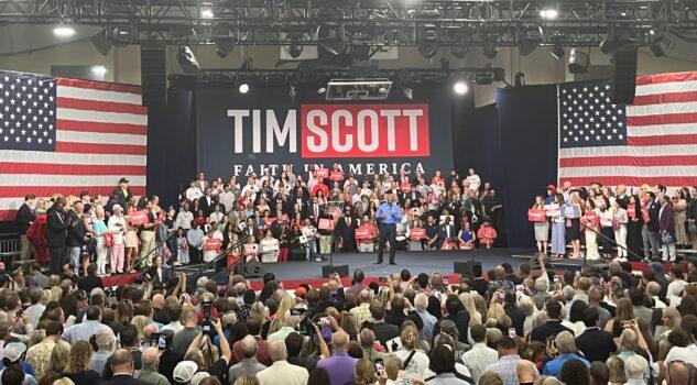 Tim Scott speaks at his presidential announcement in North Charleston, S.C., on May 22, 2023. (Melina Wisecup/NTD)