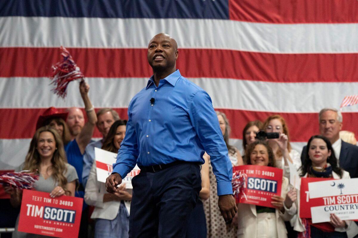 U.S. Senator Tim Scott (R-S.C.) announces his run for the 2024 Republican presidential nomination at a campaign event in North Charleston, S.C., on May 22, 2023. (Allison Joyce/Getty Images)