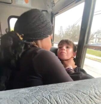 A still from a video shows a seventh-grade boy being choked by an unidentified female student on a school bus in the Fairfax County Public Schools in Fairfax County, Va., on Jan. 23, 2023. (Courtesy of Taylor Brock)