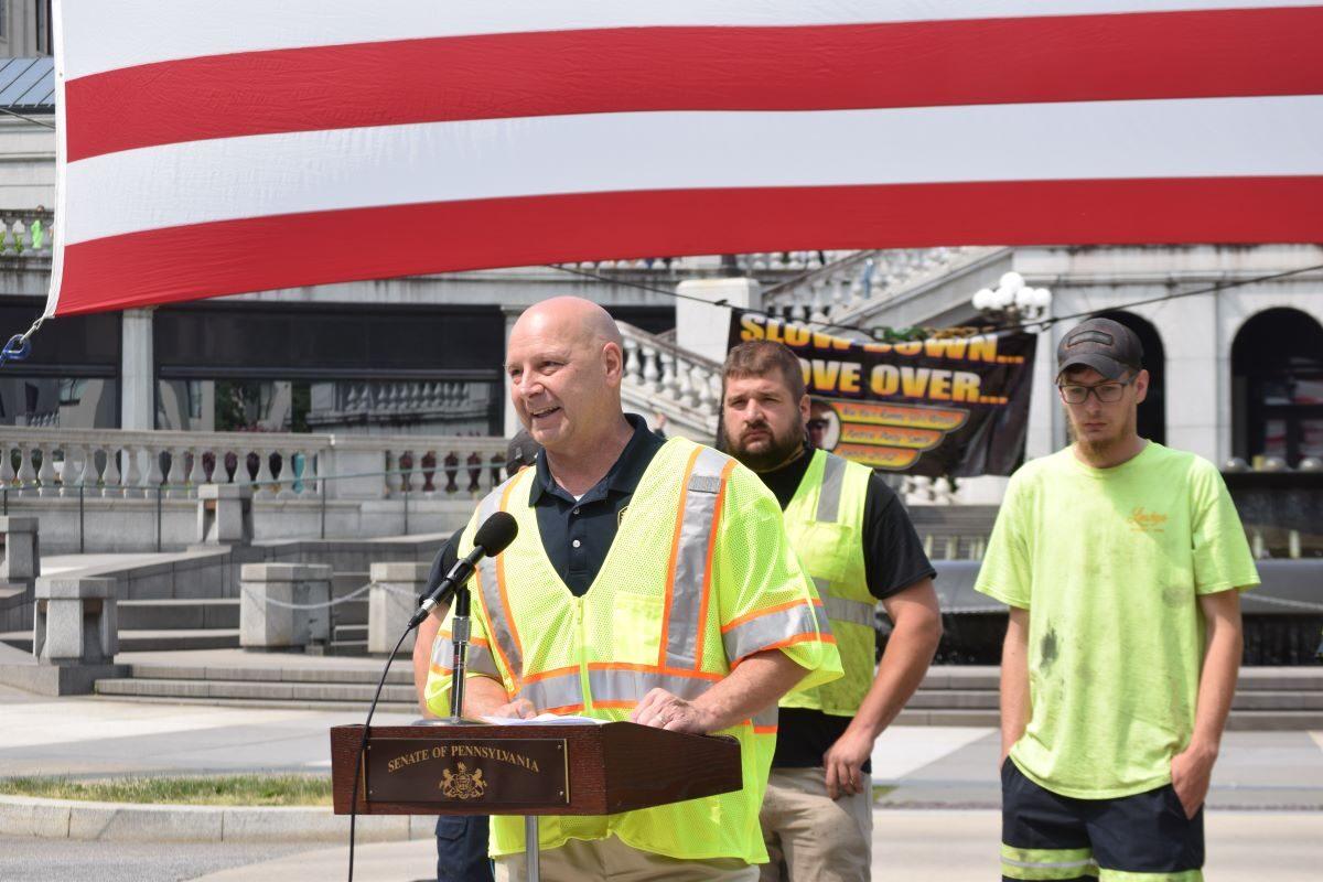 State Sen. Doug Mastriano talks about road safety in front of the Pennsylvania Capitol in Harrisburg, Pa., on May, 22, 2023. (Beth Brelje/The Epoch Times)