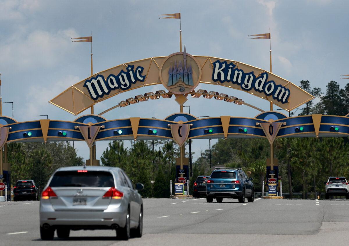 A sign near an entranceway to Walt Disney World in Orlando, Fla., on May 22, 2023. (Joe Raedle/Getty Images)