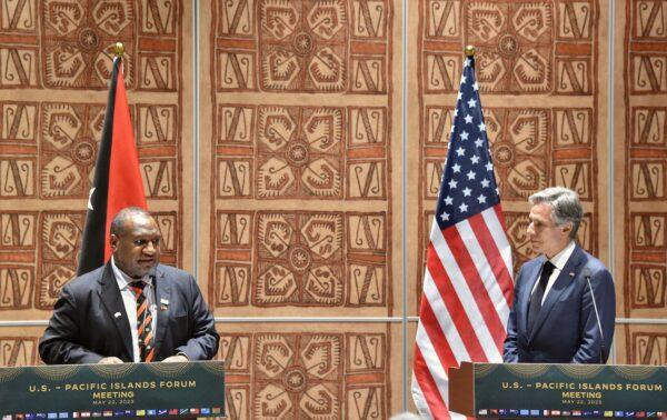 Papua New Guinea Prime Minister James Marape speaks as U.S. Secretary of State Antony Blinken looks on in Port Moresby, Papua New Guinea, on May 22, 2023. (Andrew Kutan/AFP via Getty Images)